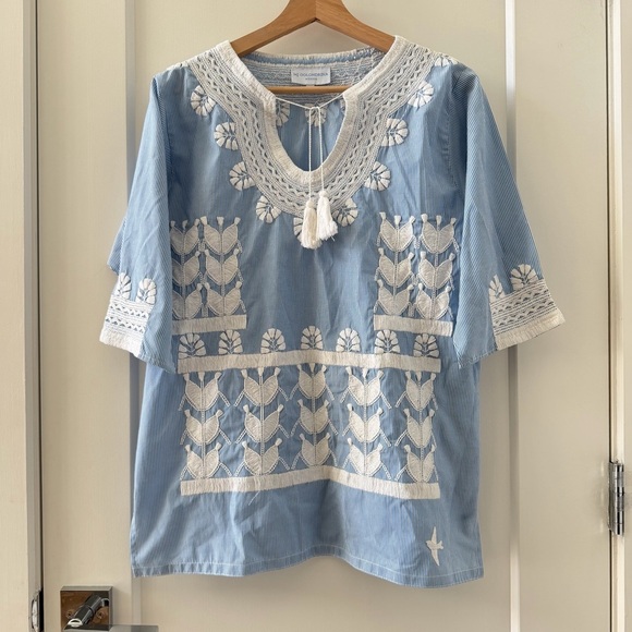 Mi Golondrina Tops - Mi Golondrina Tunic Embroidered Blouse Blue White With Tassels Size S